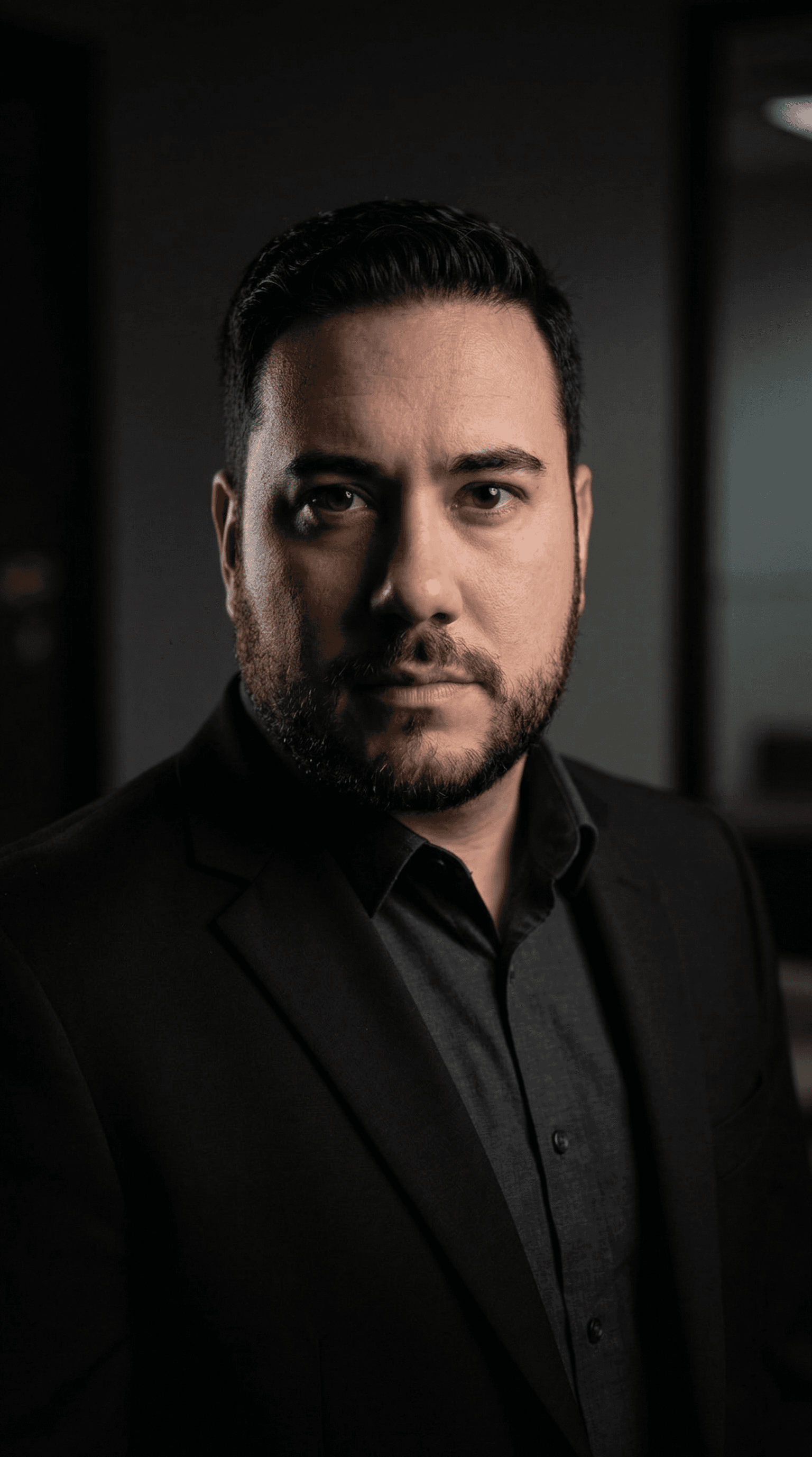 Dramatic portrait of Rodrigo Bueno with a serious, focused expression